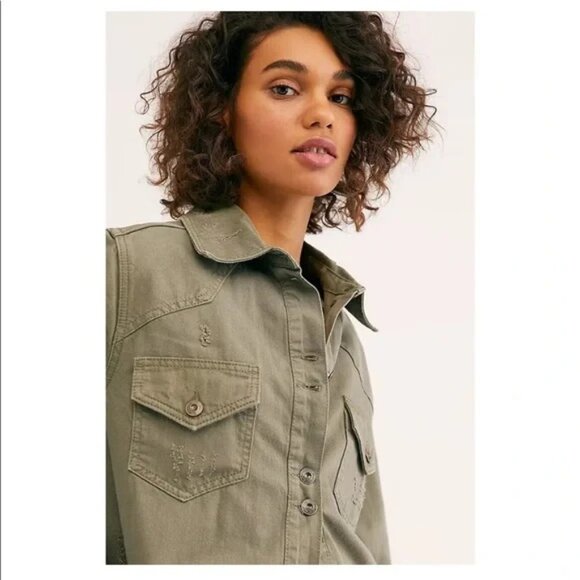 Free People | Distressed Military Utility Jacket | Olive Green | Small - Picture 14 of 14